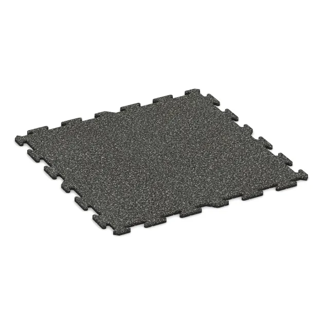 Bodenschutzmatte 1,8 cm HD – Fitness von WARCO im Farbdesign Dunkelgrauer Granit mit den Abmessungen 1000 x 1000 x 18 mm. Produktfoto von Artikel 0230 in der Aufsicht von schräg vorne.