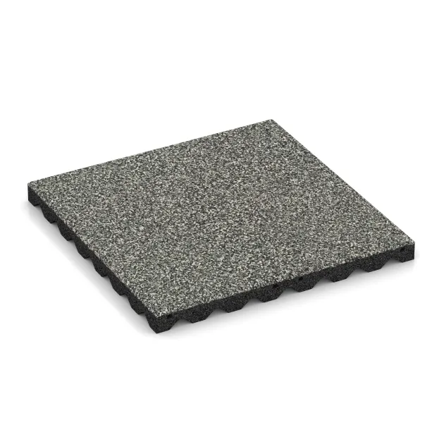 Fallschutzplatte von WARCO im Farbdesign Grauer Granit mit den Abmessungen 500 x 500 x 40 mm. Produktfoto von Artikel 5342 in der Aufsicht von schräg vorne.