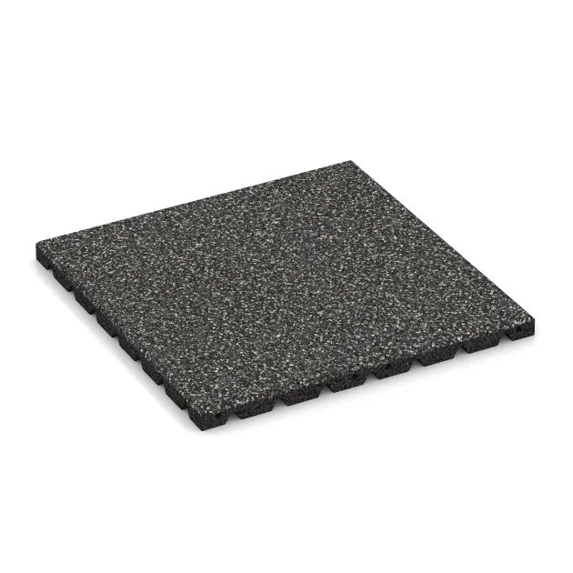 Fallschutzplatte von WARCO im Farbdesign Dunkelgrauer Granit mit den Abmessungen 500 x 500 x 30 mm. Produktfoto von Artikel 5331 in der Aufsicht von schräg vorne.