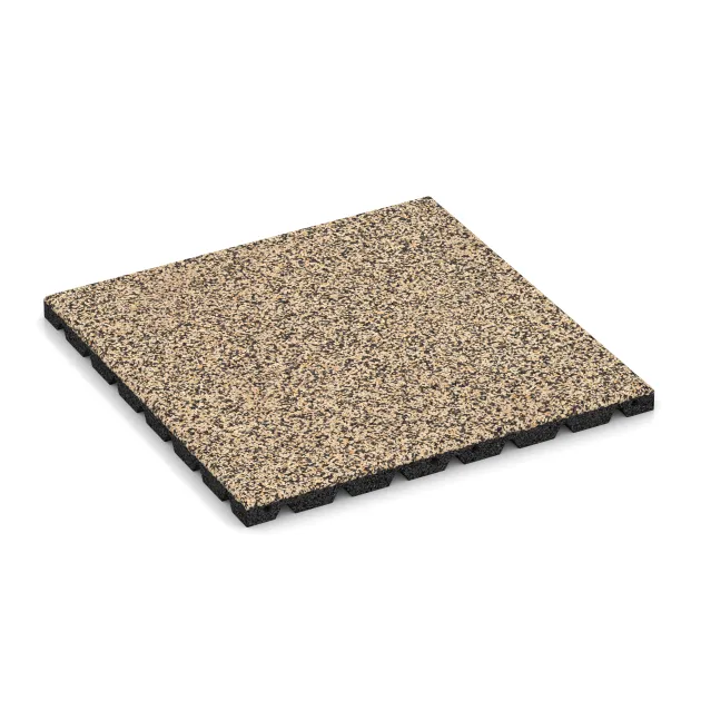 Fallschutzplatte von WARCO im Farbdesign Travertin mit den Abmessungen 500 x 500 x 30 mm. Produktfoto von Artikel 5321 in der Aufsicht von schräg vorne.