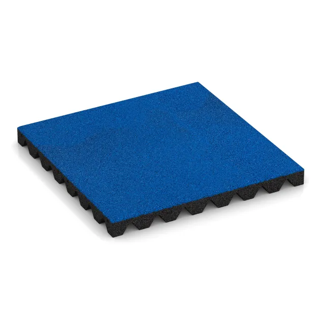 Fallschutzplatte von WARCO im Farbdesign Enzianblau mit den Abmessungen 500 x 500 x 45 mm. Produktfoto von Artikel 0629 in der Aufsicht von schräg vorne.