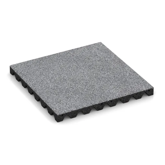 Fallschutzplatte von WARCO im Farbdesign Grau Melange mit den Abmessungen 500 x 500 x 45 mm. Produktfoto von Artikel 4475 in der Aufsicht von schräg vorne.