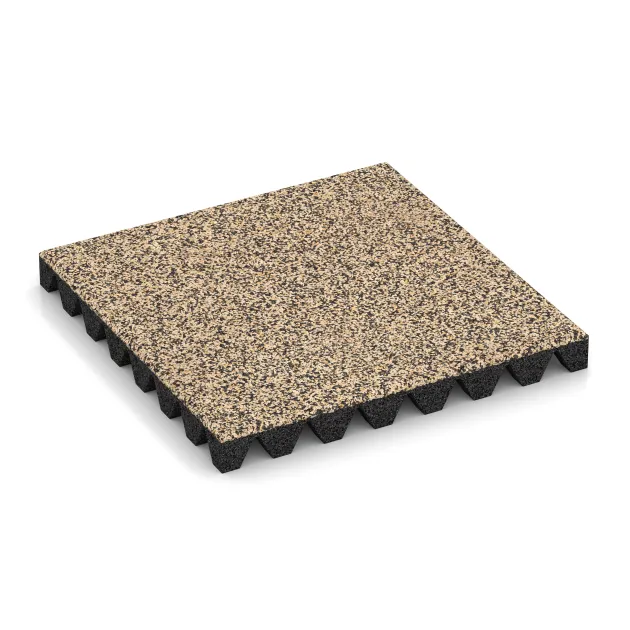 Fallschutzplatte von WARCO im Farbdesign Travertin mit den Abmessungen 500 x 500 x 50 mm. Produktfoto von Artikel 5349 in der Aufsicht von schräg vorne.