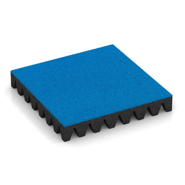 Fallschutzplatte von WARCO im Farbdesign Himmelblau mit den Abmessungen 500 x 500 x 80 mm. Produktfoto von Artikel 0717 in der Aufsicht von schräg vorne.