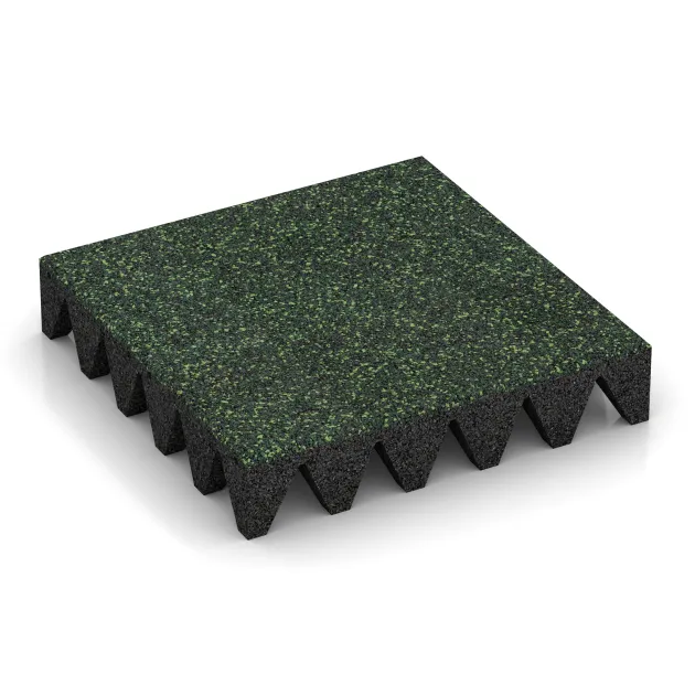 Fallschutzplatte von WARCO im Farbdesign Englischer Rasen mit den Abmessungen 500 x 500 x 100 mm. Produktfoto von Artikel 3709 in der Aufsicht von schräg vorne.