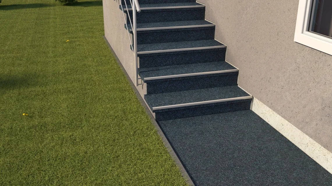 Beispielhafte Verlegung für den Artikel 1038 von WARCO - Treppenbelag, Farbton Leicht Blau Gesprenkelt in der Abmessung 970 x 970 x 8 mm | 0,94 m.