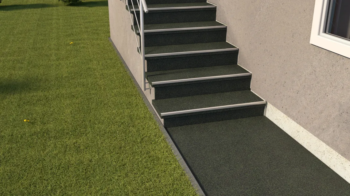 Beispielhafte Verlegung für den Artikel 1042 von WARCO - Treppenbelag, Farbton Leicht Grün Gesprenkelt in der Abmessung 970 x 970 x 8 mm | 0,94 m.