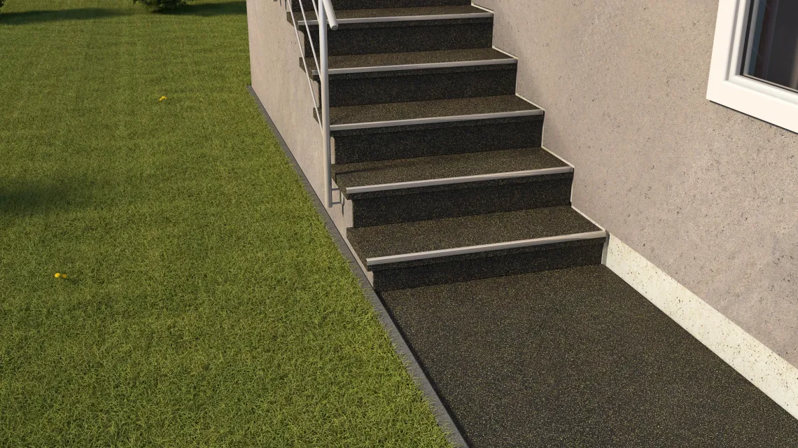Beispielhafte Verlegung für den Artikel 1047 von WARCO - Treppenbelag, Farbton Leicht Gelb Gesprenkelt in der Abmessung 970 x 970 x 8 mm | 0,94 m.