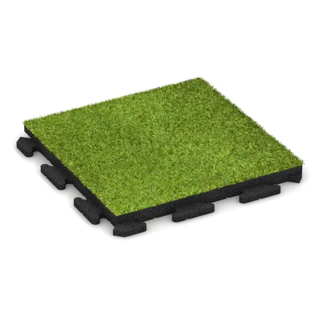 Fitnessboden Kunstrasen-Platte von WARCO im Farbdesign Grünes Kunstgras mit den Abmessungen 500 x 500 x 40 mm. Produktfoto von Artikel 1374 in der Aufsicht von schräg vorne.