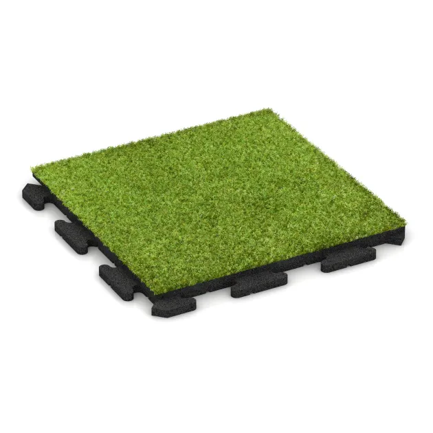 Fitnessboden Kunstrasen-Platte von WARCO im Farbdesign Grünes Kunstgras mit den Abmessungen 500 x 500 x 30 mm. Produktfoto von Artikel 1241 in der Aufsicht von schräg vorne.