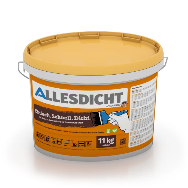 ALLESDICHT – Flüssigabdichtung von WARCO im Farbdesign Rotbraun mit den Abmessungen 11 kg | 3,3 m². Produktfoto von Artikel 0029 in der Aufsicht von schräg vorne.