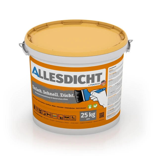 ALLESDICHT – Flüssigabdichtung von WARCO im Farbdesign Grau mit den Abmessungen 25 kg | 7,6 m². Produktfoto von Artikel 0026 in der Aufsicht von schräg vorne.