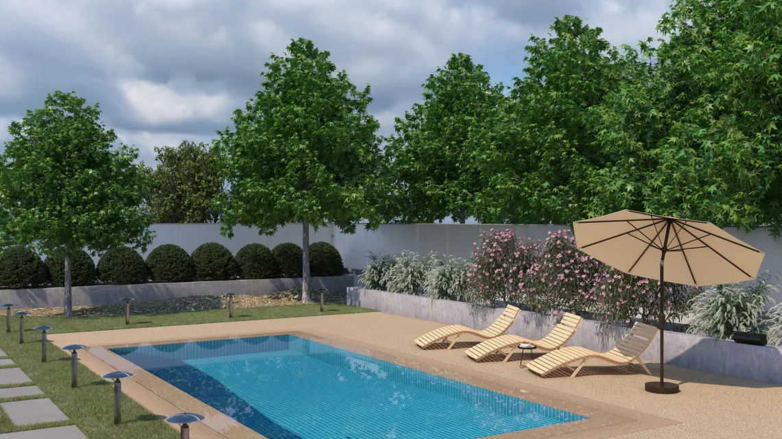 Beispielhafte Verlegung für den Artikel 2733 von WARCO - Poolfliese, Farbton Travertin in der Abmessung 500 x 500 x 30 mm.