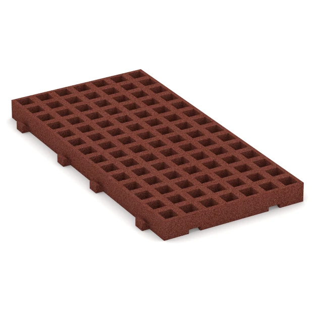 Fallschutz-Rasengittermatte von WARCO im Farbdesign Ziegelrot mit den Abmessungen 1000 x 500 x 65 mm. Produktfoto von Artikel 6117 in der Aufsicht von schräg vorne.