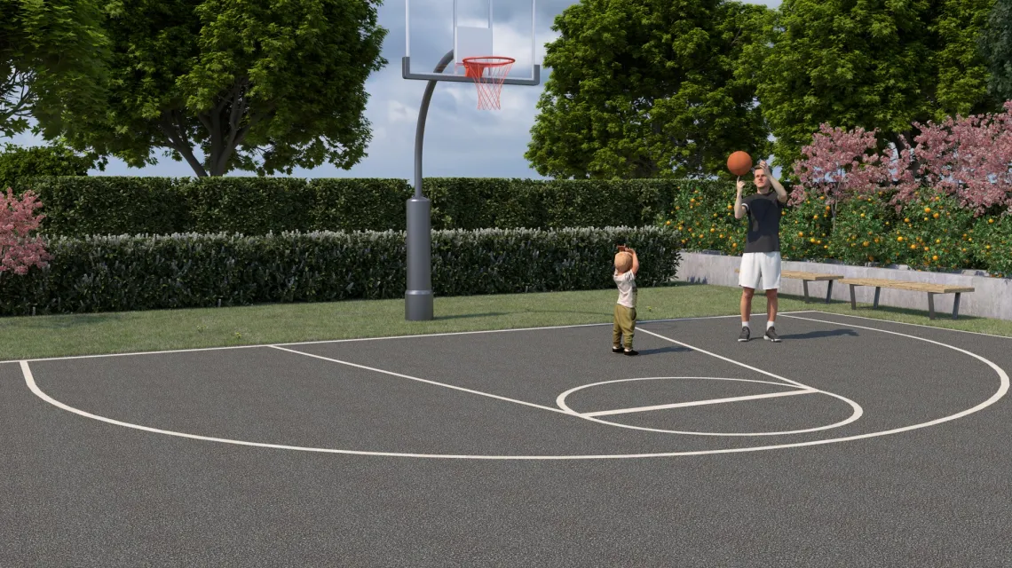 Beispielhafte Verlegung für den Artikel 4117 von WARCO - Ballspielplatte, Farbton Dunkelgrauer Granit in der Abmessung 500 x 500 x 40 mm.