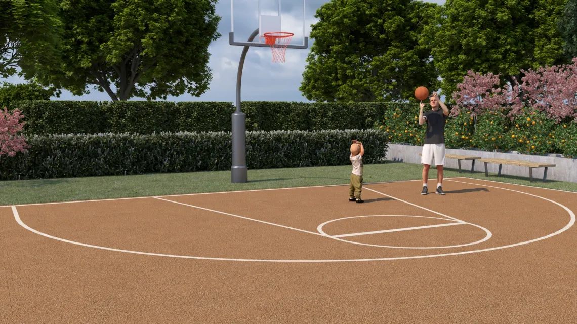 Beispielhafte Verlegung für den Artikel 4121 von WARCO - Ballspielplatte, Farbton Terra Cotta in der Abmessung 500 x 500 x 40 mm.