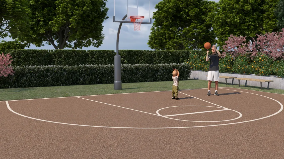 Beispielhafte Verlegung für den Artikel 4122 von WARCO - Ballspielplatte, Farbton Bast & Borke in der Abmessung 500 x 500 x 40 mm.