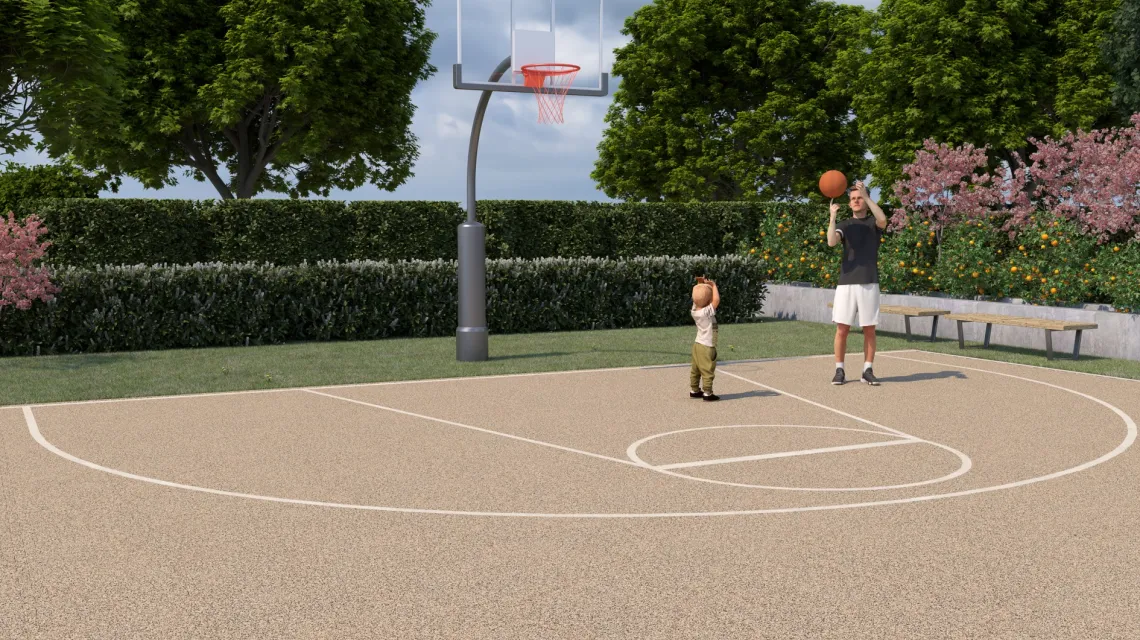 Beispielhafte Verlegung für den Artikel 4125 von WARCO - Ballspielplatte, Farbton Travertin in der Abmessung 500 x 500 x 40 mm.