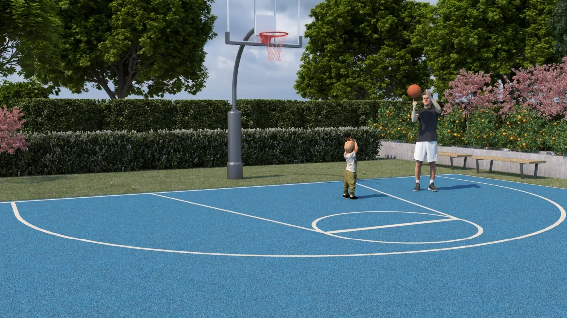 Beispielhafte Verlegung für den Artikel 4127 von WARCO - Ballspielplatte, Farbton Atlantik in der Abmessung 500 x 500 x 40 mm.