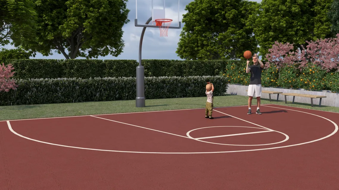 Beispielhafte Verlegung für den Artikel 4186 von WARCO - Ballspielplatte, Farbton Ziegelrot in der Abmessung 500 x 500 x 40 mm.