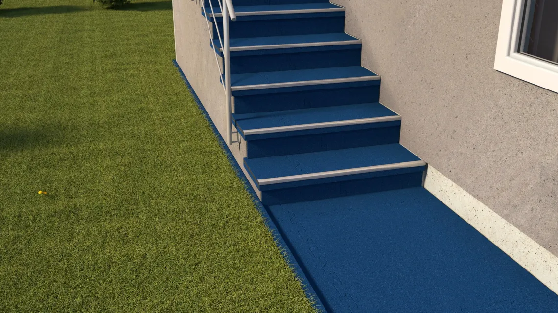 Beispielhafte Verlegung für den Artikel 5223 von WARCO - Treppenfliese, Farbton Enzianblau in der Abmessung 1000 x 1000 x 30 mm.