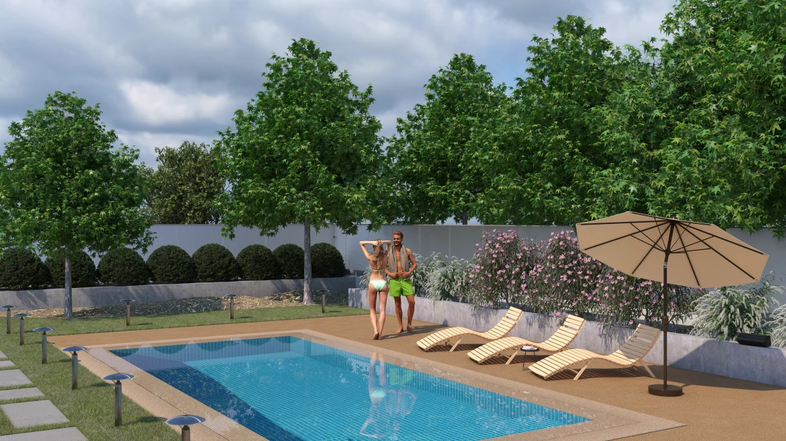 Beispielhafte Verlegung für den Artikel 5235 von WARCO - Poolfliese Fugenlos, Farbton Rattan Lounge in der Abmessung 30,6 x 30,6 x 3 cm | 0,094 m².