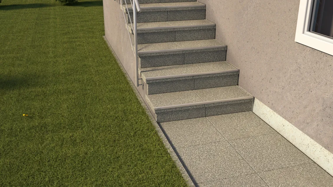 Beispielhafte Verlegung für den Artikel 5450 von WARCO - Treppenfliese, Farbton Heller Granit in der Abmessung 500 x 500 x 30 mm.