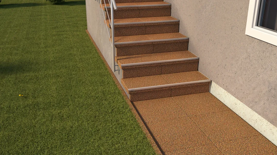 Beispielhafte Verlegung für den Artikel 5452 von WARCO - Treppenfliese, Farbton Terra Cotta in der Abmessung 500 x 500 x 30 mm.