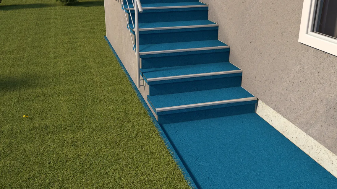 Beispielhafte Verlegung für den Artikel 6018 von WARCO - Treppenfliese, Farbton Himmelblau in der Abmessung 1000 x 1000 x 30 mm.