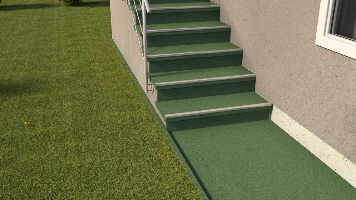Beispielhafte Verlegung für den Artikel 6023 von WARCO - Treppenfliese, Farbton Blassgrün in der Abmessung 1000 x 1000 x 30 mm.