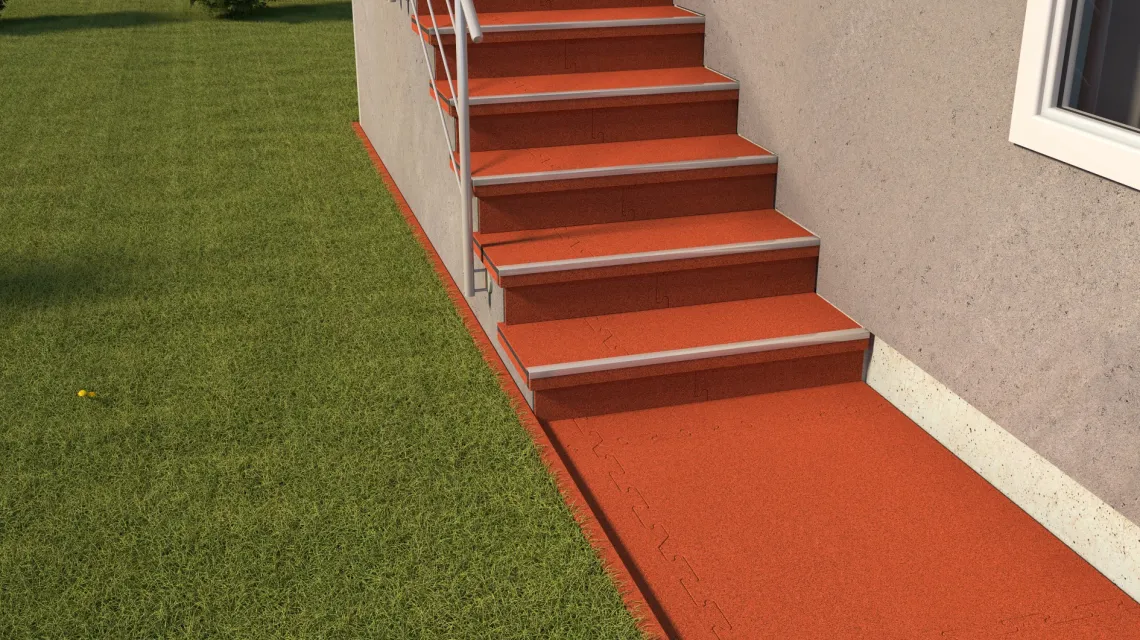 Beispielhafte Verlegung für den Artikel 6024 von WARCO - Treppenfliese, Farbton Hellrot-Orange in der Abmessung 1000 x 1000 x 30 mm.