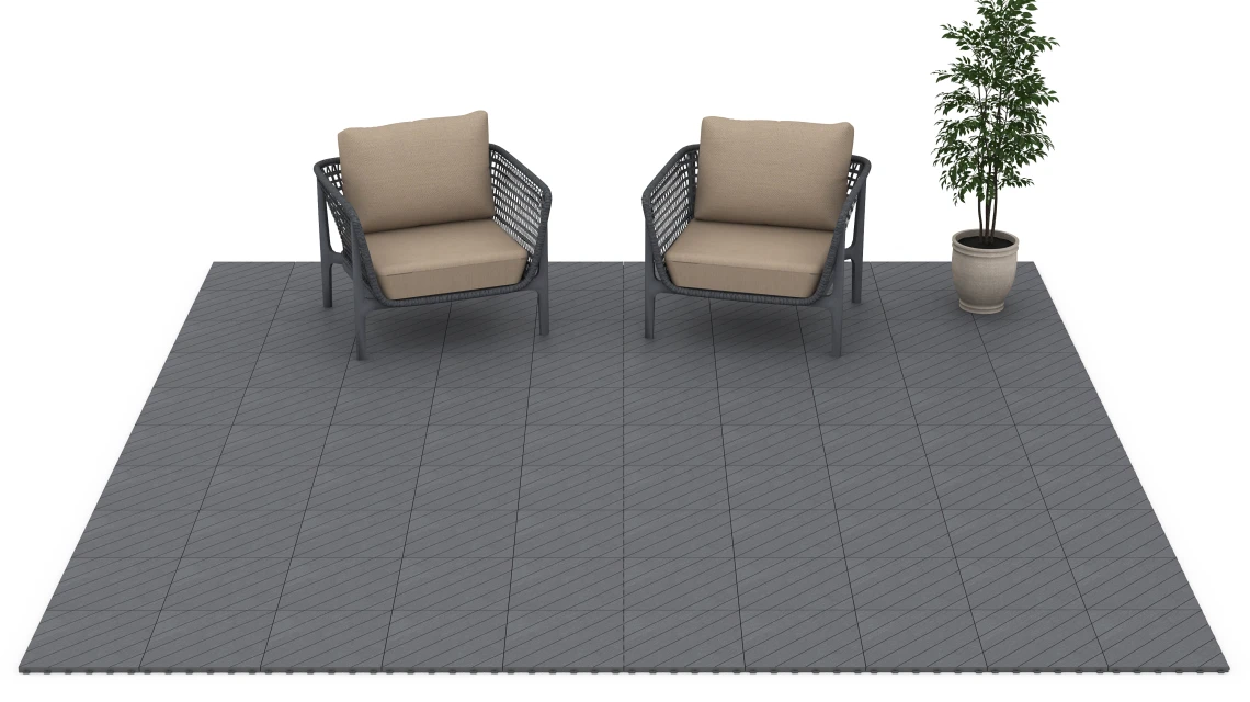 Beispielhafte Verlegung für den Artikel 6326 von WARCO - Fischgrät – Klickfliese, Farbton Silbergrau in der Abmessung 38,5 x 38,5 x 2 cm.