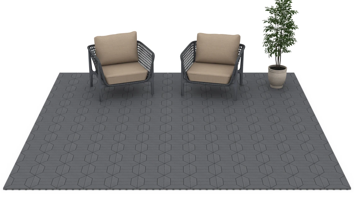 Beispielhafte Verlegung für den Artikel 6348 von WARCO - Kassettenmuster – Klickfliese, Farbton Silbergrau in der Abmessung 30 x 30 x 2 cm.