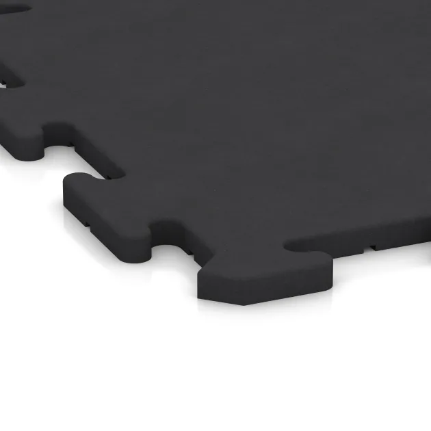 Detailaufnahme der Randausprägung von WARCO-Produkt 0201, Fitnessboden Studio, Format 500 x 500 x 18 mm, Farbe Anthrazit.