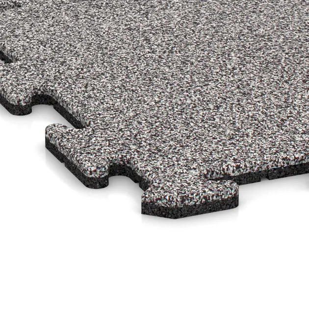 Detailaufnahme der Randausprägung von WARCO-Produkt 4585, Sportboden‑Platte 1,8 cm, Format 500 x 500 x 18 mm, Farbe Grau Melange.