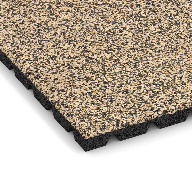 Detailaufnahme der Randausprägung von WARCO-Produkt 5321, Fallschutzplatte, Format 500 x 500 x 30 mm, Farbe Travertin.
