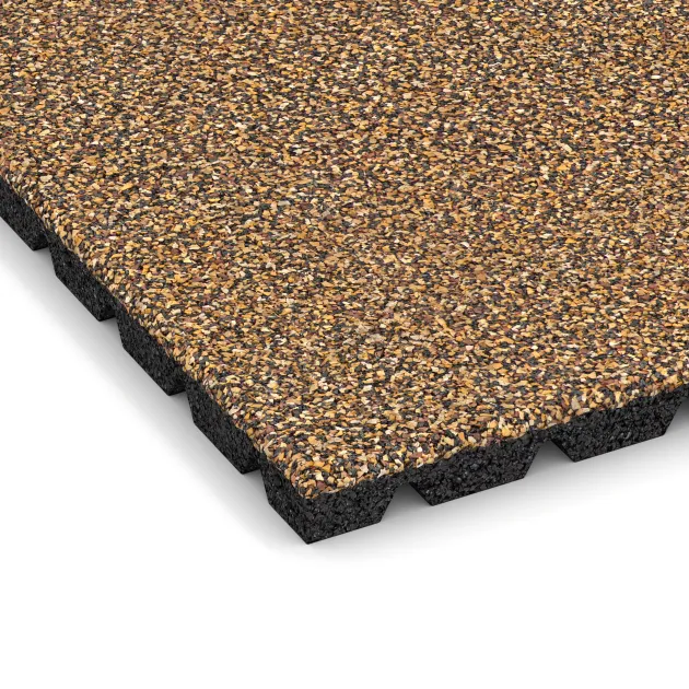 Detailaufnahme der Randausprägung von WARCO-Produkt 5324, Fallschutzplatte, Format 500 x 500 x 30 mm, Farbe Rattan Lounge.