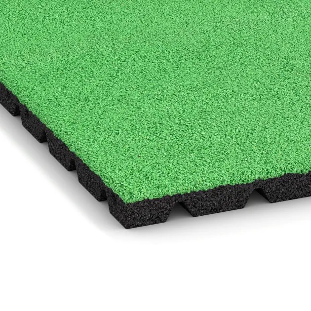 Detailaufnahme der Randausprägung von WARCO-Produkt 0545, Fallschutzplatte, Format 500 x 500 x 30 mm, Farbe Maigrün.