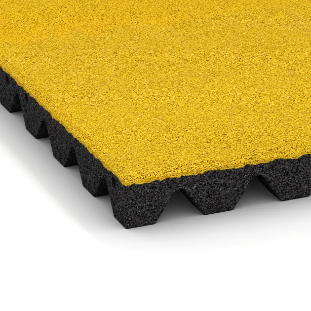 Detailaufnahme der Randausprägung von WARCO-Produkt 0636, Fallschutzplatte, Format 500 x 500 x 45 mm, Farbe Zitronengelb.