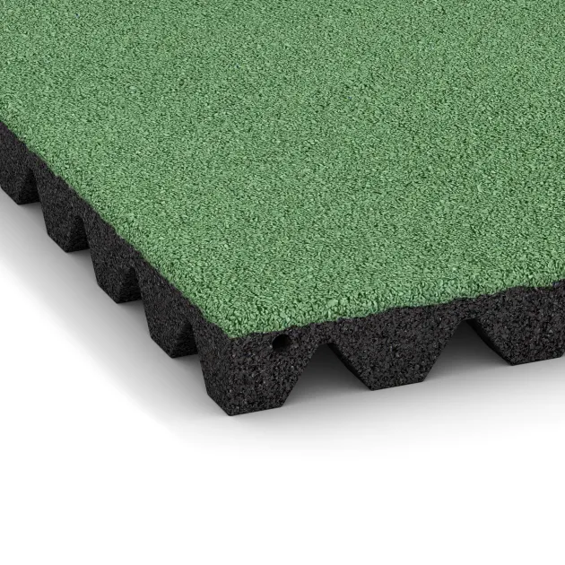 Detailaufnahme der Randausprägung von WARCO-Produkt 0637, Fallschutzplatte, Format 500 x 500 x 45 mm, Farbe Blassgrün.