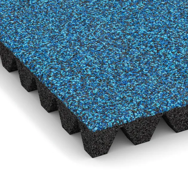 Detailaufnahme der Randausprägung von WARCO-Produkt 5361, Fallschutzplatte, Format 500 x 500 x 50 mm, Farbe Atlantik.