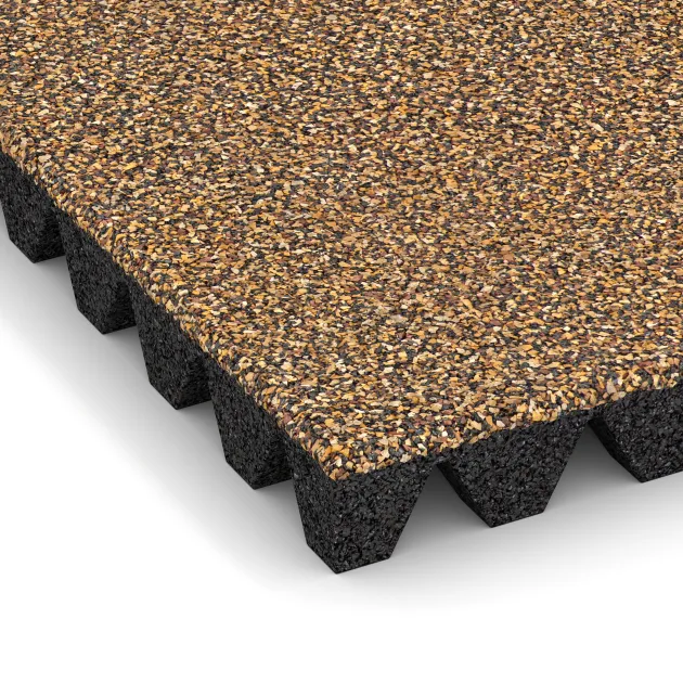 Detailaufnahme der Randausprägung von WARCO-Produkt 5353, Fallschutzplatte, Format 500 x 500 x 50 mm, Farbe Rattan Lounge.