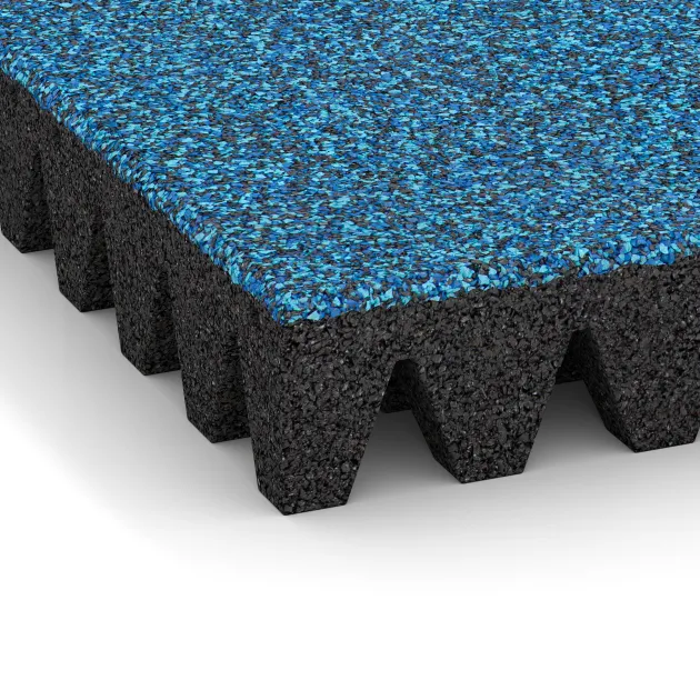 Detailaufnahme der Randausprägung von WARCO-Produkt 5375, Fallschutzplatte, Format 500 x 500 x 80 mm, Farbe Atlantik.