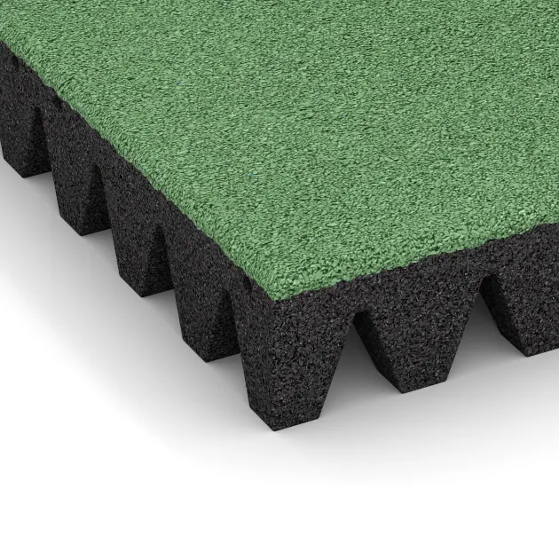 Detailaufnahme der Randausprägung von WARCO-Produkt 0723, Fallschutzplatte, Format 500 x 500 x 80 mm, Farbe Blassgrün.