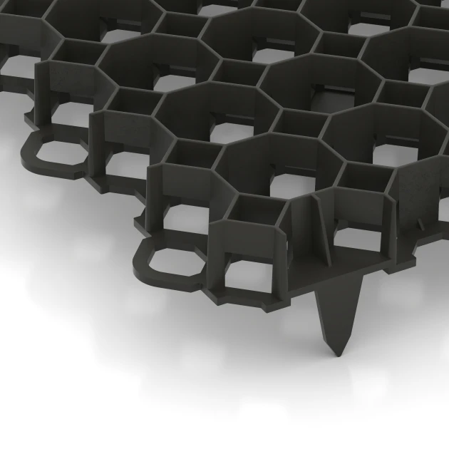 Detailaufnahme der Randausprägung von WARCO-Produkt 5207, Kunststoff-Wabengitter, Format 47,6 × 47,6 × 4 cm | 0,226 m², Farbe Mattschwarz.