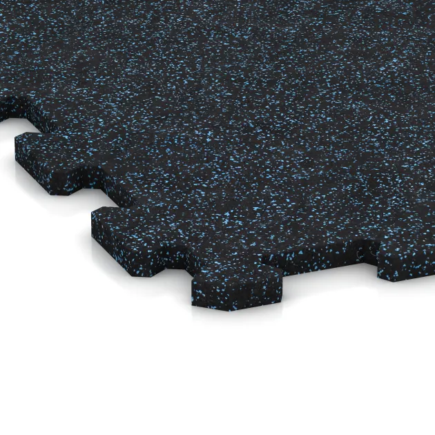 Detailaufnahme der Randausprägung von WARCO-Produkt 1131, Fitnessboden Kompakt, Format 970 x 970 x 16 mm | 0,94 m², Farbe Leicht Blau Gesprenkelt.