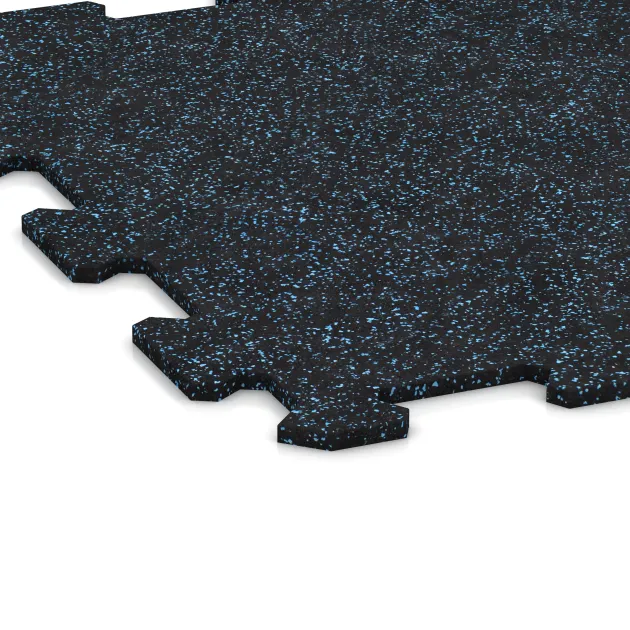 Detailaufnahme der Randausprägung von WARCO-Produkt 0917, Fitnessboden Kompakt, Format 485 x 485 x 8 mm | 0,235 m², Farbe Leicht Blau Gesprenkelt.