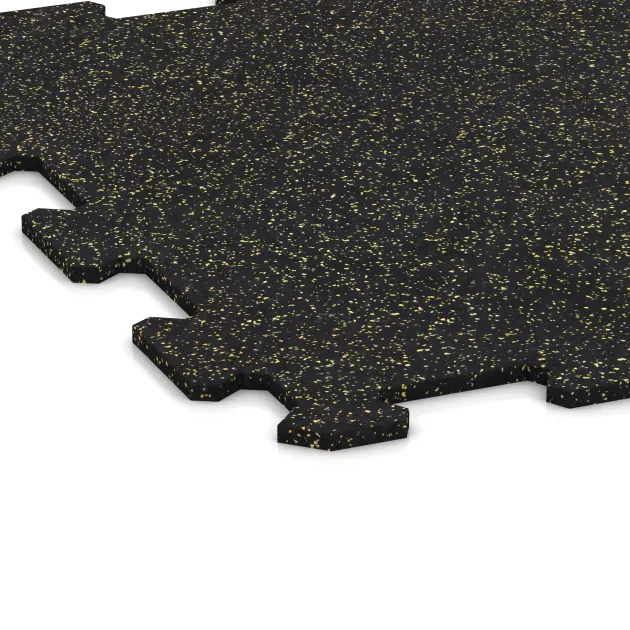Detailaufnahme der Randausprägung von WARCO-Produkt 0926, Fitnessboden Kompakt, Format 485 x 485 x 8 mm | 0,235 m², Farbe Leicht Gelb Gesprenkelt.