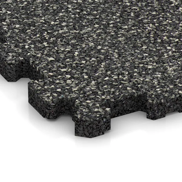 Detailaufnahme der Randausprägung von WARCO-Produkt 3724, Fitnessmatte Premium 2 cm, Format 306 x 306 x 20 mm, Farbe Dunkelgrauer Granit.