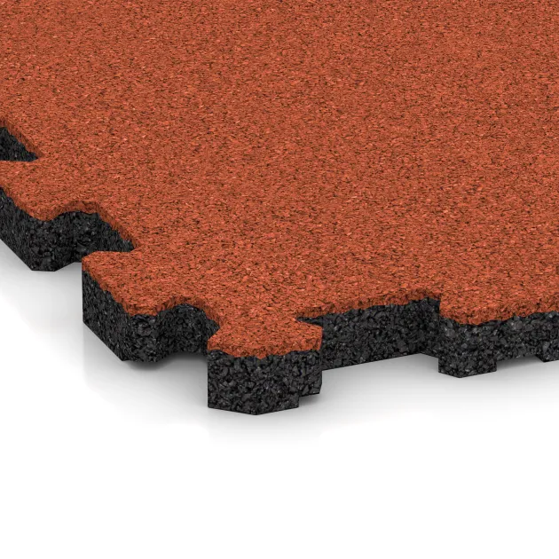 Detailaufnahme der Randausprägung von WARCO-Produkt 5985, Fitnessmatte Premium 2 cm, Format 306 x 306 x 20 mm, Farbe Hellrot-Orange.